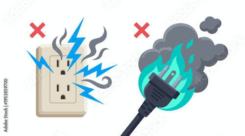 flat illustration of sparking electrical wall outlet and burning power plug with red cross marks, concept for safety hazard prevention, electrical maintenance education and fire risk awareness
