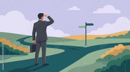 Professional executive manager looking at crossroads with briefcase in nature, concept for career decision, business strategy and future planning