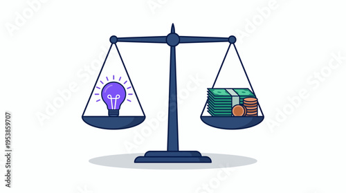 flat illustration of balance scale comparing lightbulb idea with stack of cash money, concept for financial planning, strategic investment and business decision making