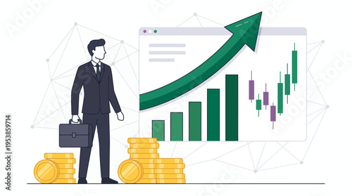 Professional financial analyst standing with briefcase beside growing stock market chart and golden coins, concept for investment strategy, economic growth and business development