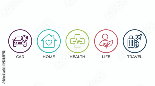 Set of colorful insurance icons including car protection, home safety, medical cross, personal lifestyle and travel coverage, concept for financial planning, risk management and consulting services