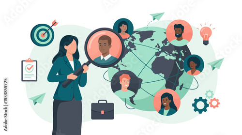 HR recruiter holding magnifying glass searching for global talent on world map background, concept for talent acquisition, recruitment strategy and human resources management