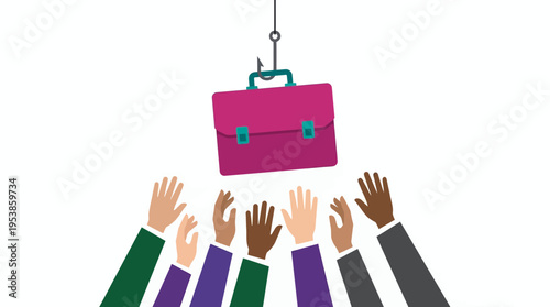 Diverse employees reaching for a briefcase dangling on a fishhook, concept for career competition, professional job hunting and corporate recruitment strategy