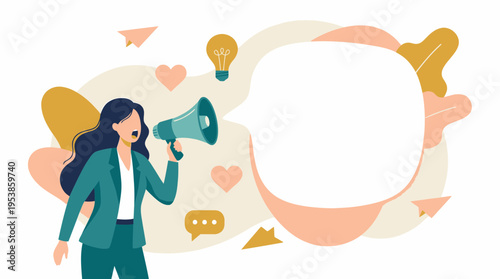 Female marketing manager holding megaphone with speech bubble on background, concept for business promotion, digital marketing campaign and public relations announcement