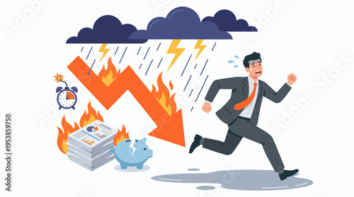Stressed financial manager running away from falling stock market graph with fire and rain, concept for economic crisis, bankruptcy protection and market instability