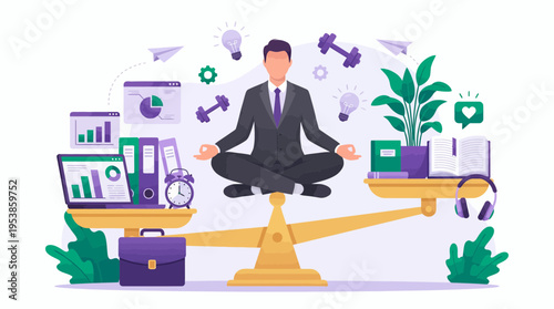 Professional male accountant meditating on scales balancing work tasks and personal wellness, concept for work-life balance, stress management and corporate mental health