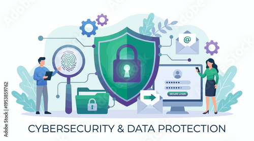 Data security engineer and IT specialist working with digital shield and biometric login elements, concept for corporate cybersecurity infrastructure, personal data protection and network safety
