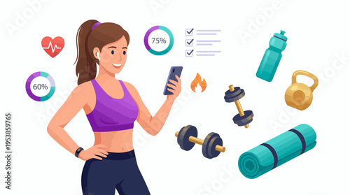 Young female personal fitness trainer holding smartphone with workout tracking icons, concept for health monitoring, exercise routine planning and active lifestyle promotion