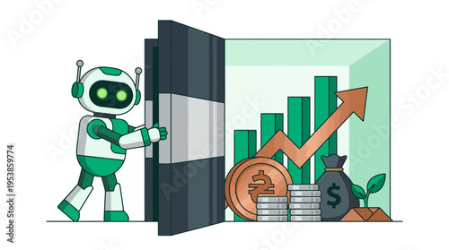 A cute robot opening a vault filled with financial growth charts and money bags, concept for financial technology, automated investment growth and digital asset management