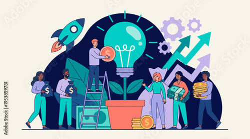diverse startup entrepreneurs working together to grow financial lightbulb idea, concept for business investment, startup funding and financial growth strategy