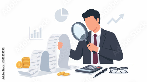 Professional financial auditor using magnifying glass to examine long receipt on desk, concept for financial audit, accounting analysis and business investigation