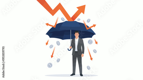 Professional financial manager holding umbrella shielding against falling currency and economic crisis, concept for risk management, capital protection and financial stability