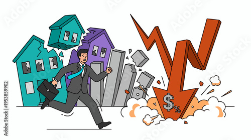 Stressed financial analyst running away from a crashing real estate market with falling chart, concept for economic crisis, property investment risk and financial instability