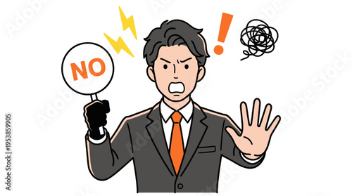 Angry young businessman holding a no sign and gesturing stop with frustration, concept for business rejection, professional disagreement and workplace conflict