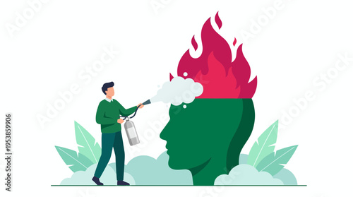 Businessman holding a fire extinguisher to calm a burning head, concept for stress management, professional burnout recovery and mental health balance