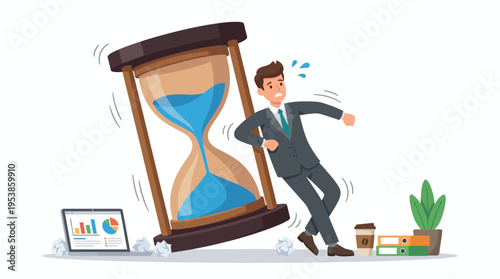 Stressed project manager pushing giant hourglass on office desk, concept for time management, professional productivity and corporate deadline stress