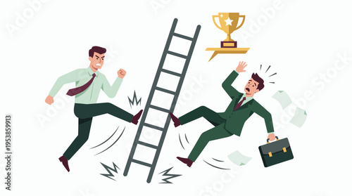Aggressive manager kicking ladder to make accountant fall, concept for business competition, unfair rivalry and career sabotage