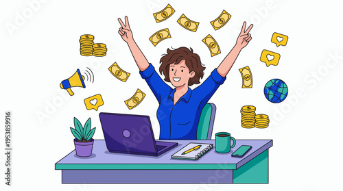 Happy female digital marketer with raised hands celebrating success with money and social media icons, concept for financial growth, online marketing strategy and business profit