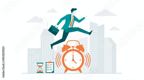 flat illustration of corporate manager jumping over alarm clock with city background, concept for time management, professional productivity and career deadline