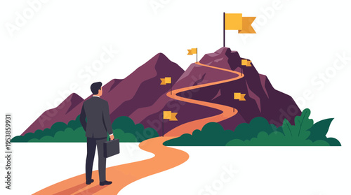 Professional executive looking at winding path leading to mountain summit with yellow flags, concept for business strategy development, career advancement and corporate goal achievement