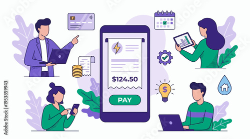 Male project manager and business analyst using laptop with smartphone utility bill payment app, concept for fintech service, digital financial transaction and mobile accounting software