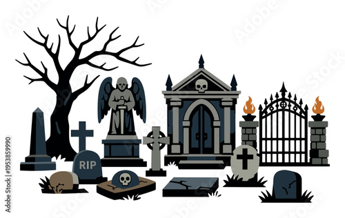 Graveyard elements creating a Halloween atmosphere, featuring a mausoleum, angel, crosses, and spooky tree