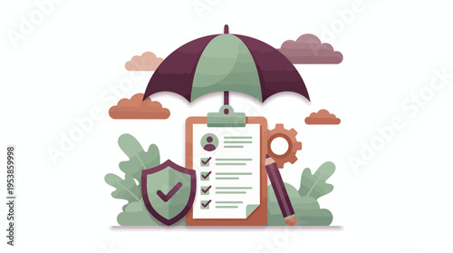 Flat vector illustration of a HR manager clipboard with shield and umbrella protection, concept for recruitment safety, employment security and professional insurance policy management