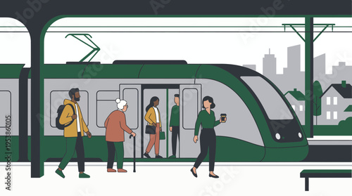 Diverse commuters including a marketing manager and financial analyst arriving at a train station, concept for urban transportation, sustainable public transit and daily city lifestyle
