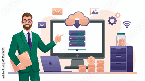 Professional IT manager standing next to cloud server monitor with documents, concept for data storage solution, digital transformation strategy and secure network infrastructure management