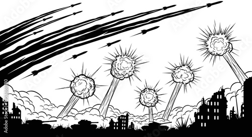 Asteroids Hitting City Buildings Explosions.