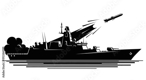 Black silhouette of a warship launching missile.