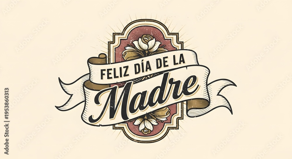 Obraz premium Vintage Spanish Mother's Day banner with floral ribbon illustration.