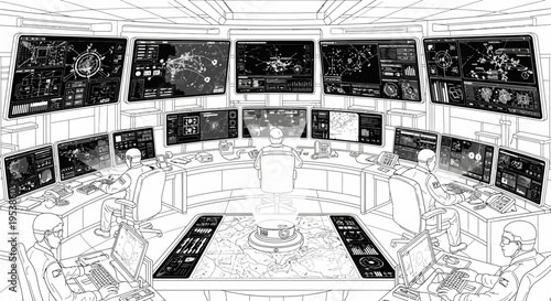 Control room with multiple monitors.