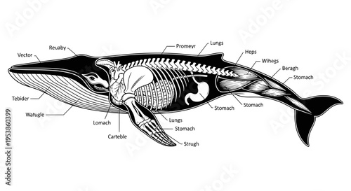 Detailed anatomy of a whale skeleton.