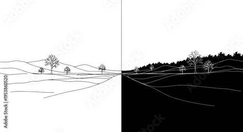 Split screen landscape: Day vs Night, Black and White contrast, Nature illustration