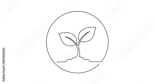 Sprout seedling growing in soil circle icon, minimalist line art