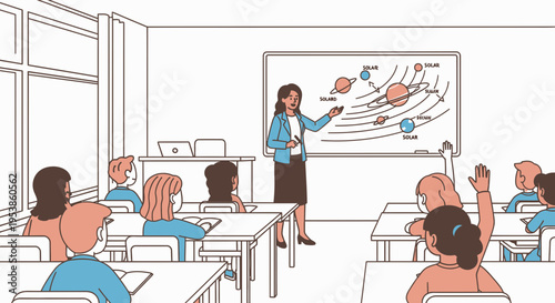 Female teacher standing in classroom.