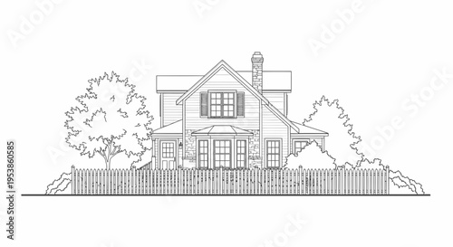 House with Fenced Yard and Trees.