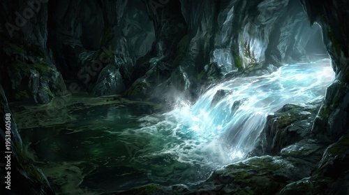 Serene Underground River Flowing Through Cavernous Rock Formation with Glowing Water and Lush Greenery Surroundings