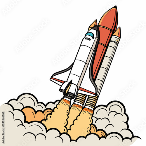 Cartoon space shuttle launching into clouds rocket