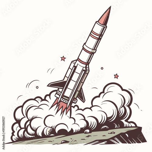 Cartoon rocket launching with smoke and stars