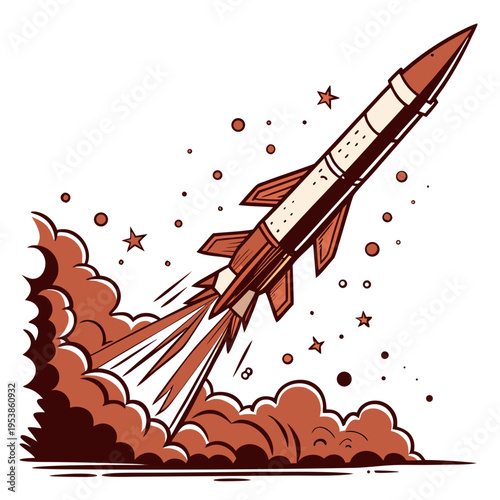 Cartoon rocket launching with orange smoke and stars