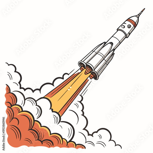 White and orange rocket launching with flames and smoke