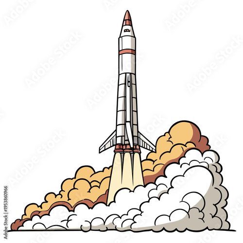 Cartoon rocket launching into the sky with smoke clouds