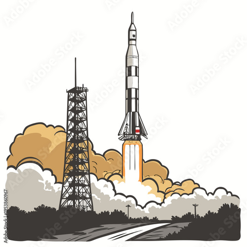 Rocket launching from a launchpad with smoke and flames