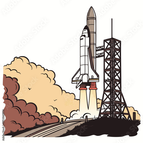 Rocket on launchpad with tower and smoke clouds