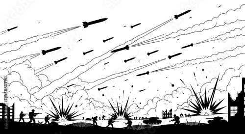 Silhouette of people running from missiles.