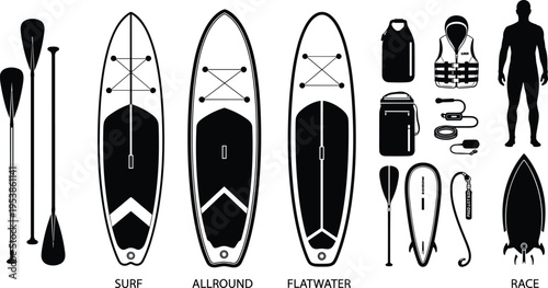 Stand Up Paddleboard Equipment Set Featuring Surf Allround Flatwater and Race SUP Boards With Paddles Life Vest Leash and Dry Bag