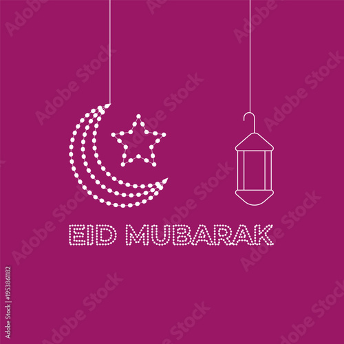 Eid Mubarak Greeting with Moon, Star, and Lantern Illustration