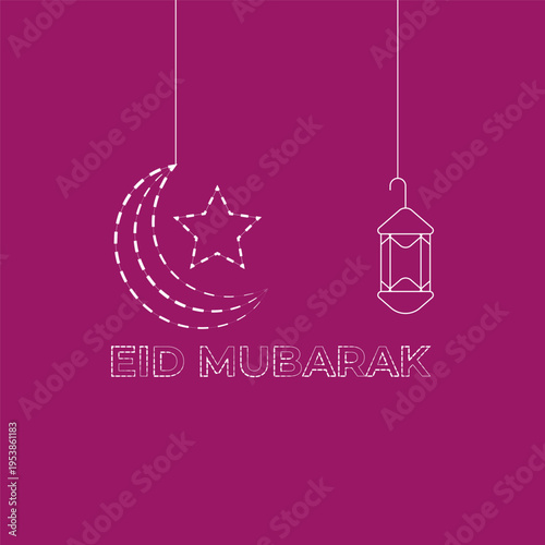Eid Mubarak Greeting with Moon, Star, and Lantern Illustration